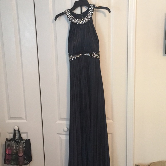 navy silk prom dress